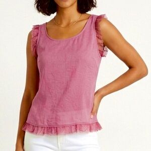 NAF NAF Romantic Pink Ruffled Lace Trim Sleeveless Top With Open Tie Back Detail